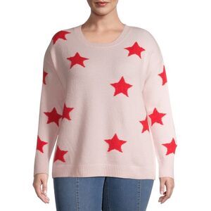 Heart N' Crush Women's Plus Size Star Print Crewneck Pullover Sweater